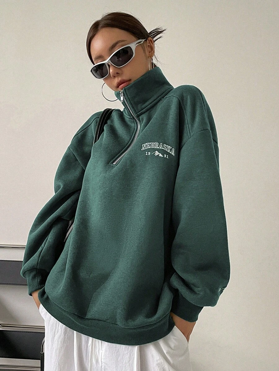 DAZY Letter Embroidery Zipper Front Drop Shoulder Sweatshirt,Fall Women Clothes - Dark Green - View 1