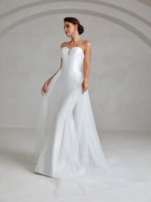 Floor Length Mesh Tube Wedding Dress - White - View 6