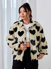 SHEIN EZwear 大碼愛心圖案落肩袖毛絨夾克 - 黑與白 - 查看 4