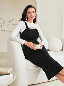 Modelyn Vestido de punto de dos tonos con abertura - Negro - Ver 5