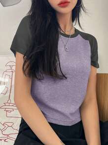DAZY 撞色插肩袖T恤 - 紫色 - 查看 1
