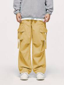 Men Flap Pocket Side Drawstring Waist Cargo Pants - Yellow - View 5