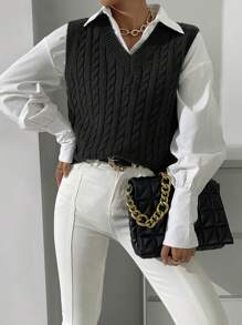 Chiquease Cable Knit Sweater Vest Without Blouse - Black - View 3
