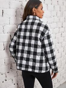 EMERY ROSE Ditsy Floral & Buffalo Plaid Drop Shoulder Padded Coat - Black and White - View 2