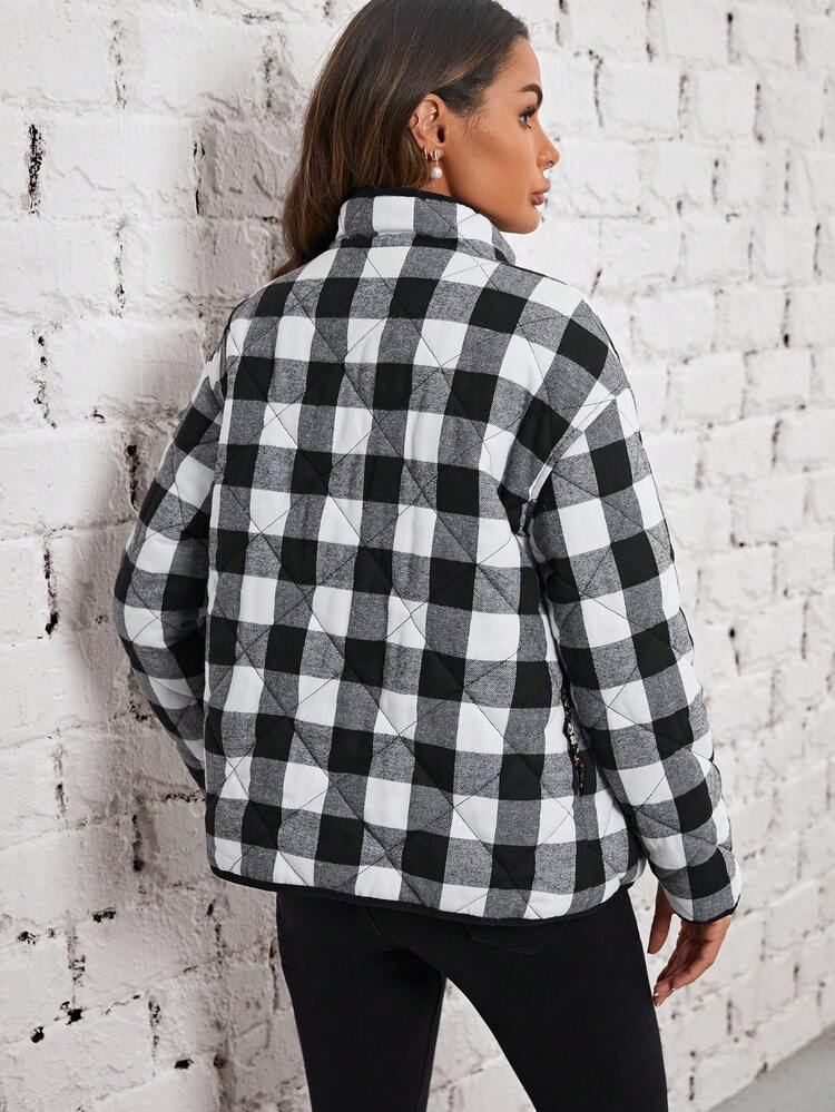 Ditsy Floral & Buffalo Plaid Drop Shoulder Padded Coat