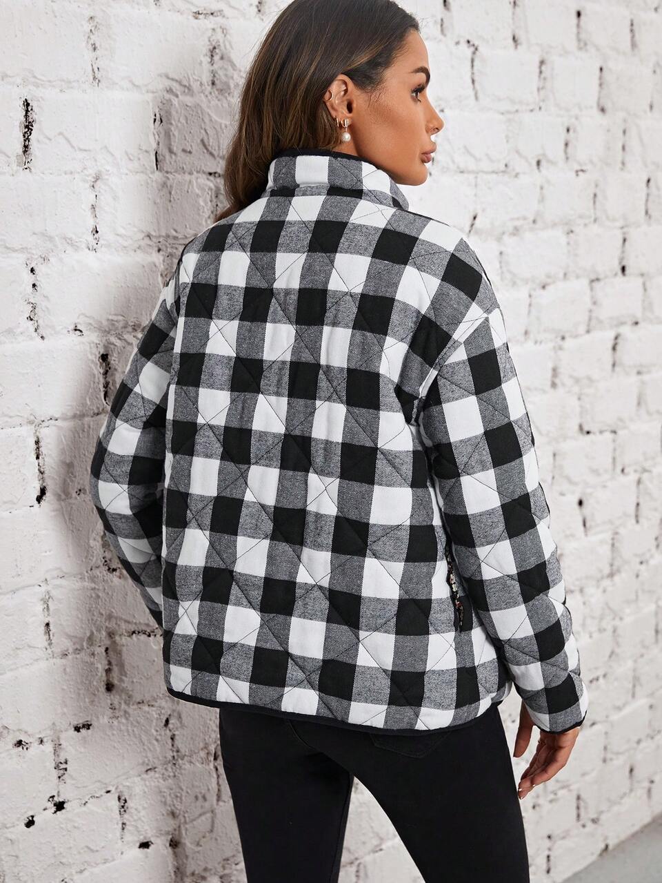 Ditsy Floral & Buffalo Plaid Drop Shoulder Padded Coat