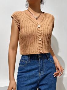 SHEIN Unity Áo len crop top không có nút phía trước - Màu Khaki - Xem 3
