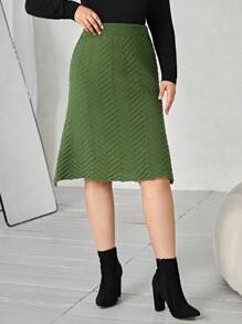 SHEIN LUNE Plus Solid A-line Chevron Knit Skirt - Army Green - View 1