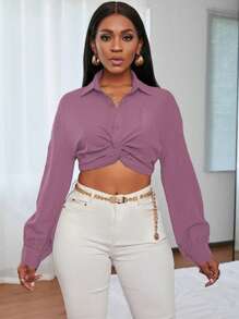 SHEIN SXY 前扭結口袋貼布短款襯衫 - 紫色 - 查看 4