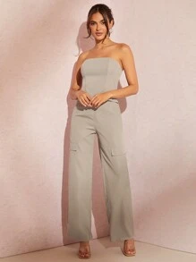 SHEIN BAE 素色抹胸上衣&闊腿褲 - 淺灰色 - 查看 4