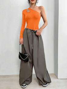 SHEIN BAE 單肩鏤空連身背心 - 橘色 - 查看 6