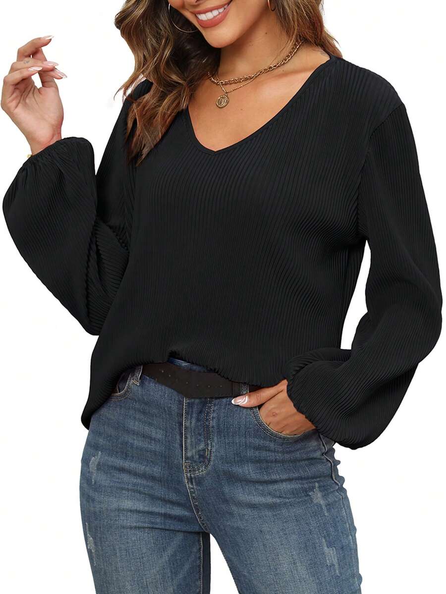 Camiseta unicolor de cuello V de manga farol tejido de canalé - Negro - Ver 1