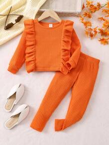 SHEIN 女童荷葉邊 T 恤和打底褲 - 橘色 - 查看 1