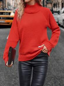 EMERY ROSE High Neck Raglan Sleeve Sweater For New Year Knit Pullover Fall Winter Sweater - Red - View 5