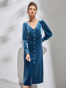 Button Decor Velvet Fitted Dress Fall Cloth For Women - Blue - View 4