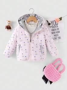 SHEIN 年轻女孩 1 件全身印花双面连帽棉服外套 - 粉色 - 查看 4