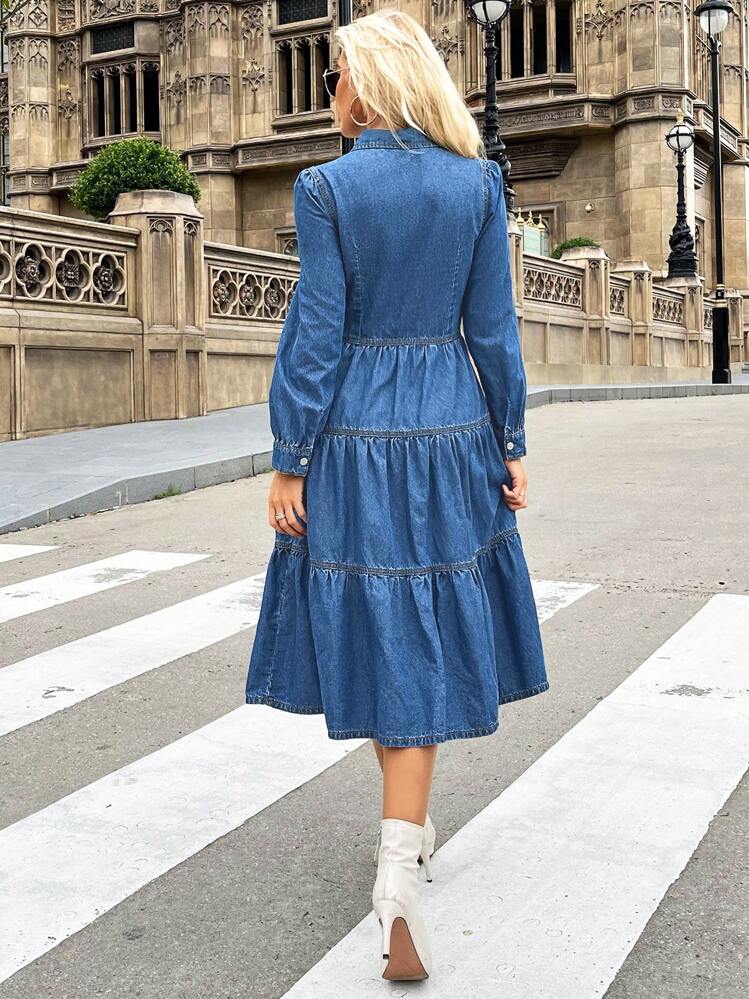 sir denim dress SHEIN Privé Button Front Ruffle Hem Denim Dress