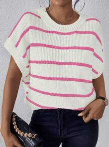 SHEIN LUNE Striped Pattern Batwing Sleeve Knit Top - Pink - View 3