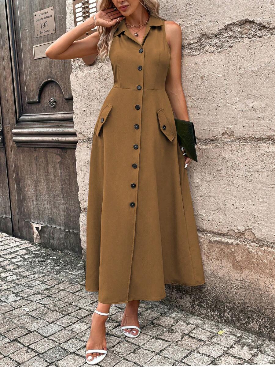 SHEIN Clasi Vestido camisero sin mangas con botones delanteros lisos - Marrón - Ver 1
