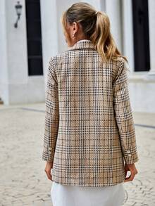 EURMUSE Plaid Print Lapel Neck Double Button Blazer - Beige - View 2