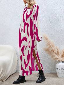 SHEIN LUNE Graphic Print Bell Sleeve Dress - Red - View 3