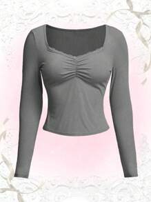 Flirla 大碼純色褶皺胸圍撞色蕾絲羅紋T恤 - 灰色 - 查看 1