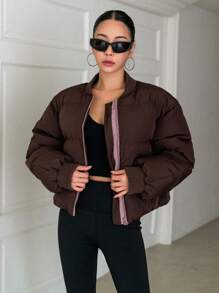 DAZY 拉链棒球领厚口袋外套，女士冬季外套夹克 - 棕色 - 查看 1