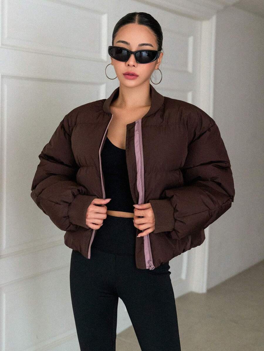 DAZY Zip Up Baseball Collar Thick Pockets Coat, Women Winter Coats Jacket - Brown - View 1