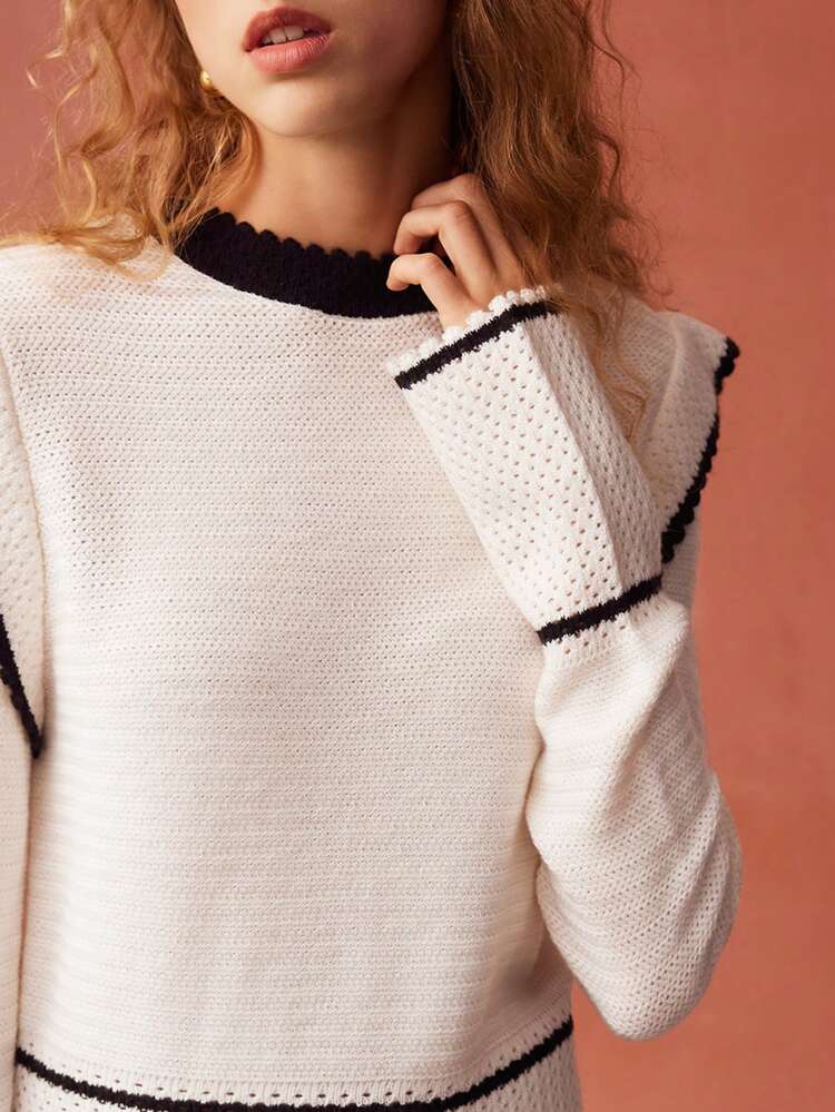 WOOL-BLEND CONTRAST FRILL SWEATER