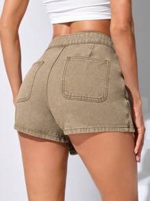 SHEIN Essnce 前紐扣圍裹牛仔裙褲 - 棕色 - 查看 2