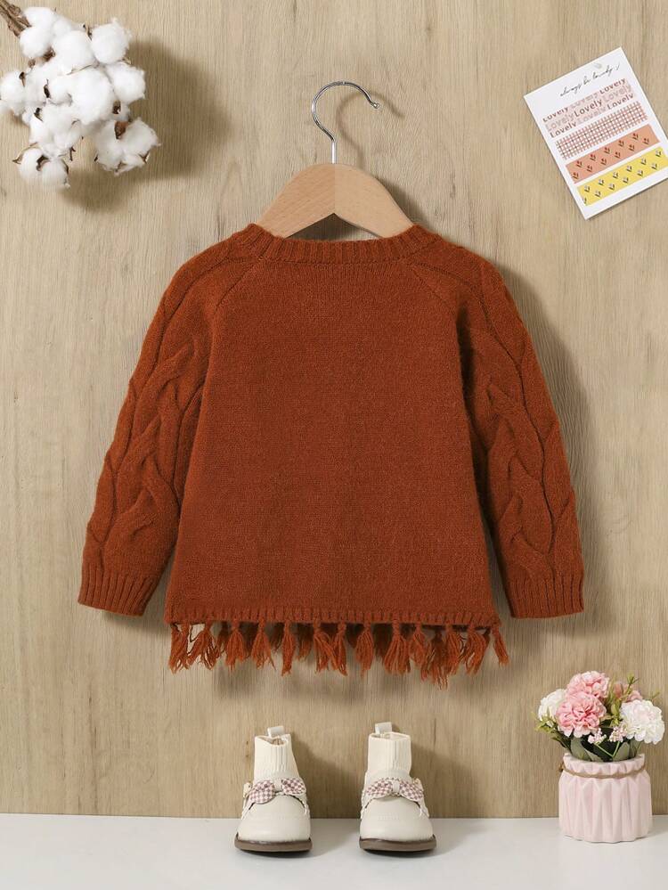 Baby Girl Raglan Sleeve Raw Hem Cable Knit Distressed Sweater