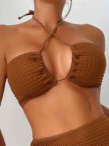 Swim Basics Summer Beach Criss Cross Halter Bra & Swim Bottom Bikini Set With Beach Cover Up Skirt Bathing Suit