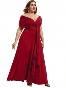 Plus Off Shoulder Belted Dress - Burgundy - View 4