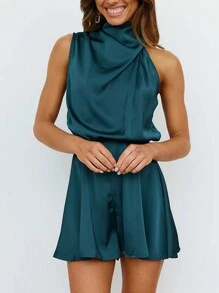 Solid Mock Neck Romper - Navy Blue - View 1