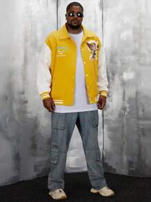 Manfinity VCAY Áo khoác dáng rộng họa tiết sọc và chữ cỡ lớn cho nam, thời trang thu đông - Màu vàng - Xem 5