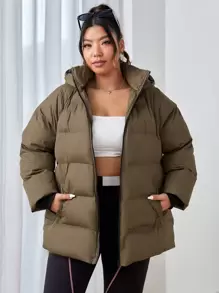 SHEIN EZwear Plus Zip Up Hooded Padded Coat - Army Green - View 1