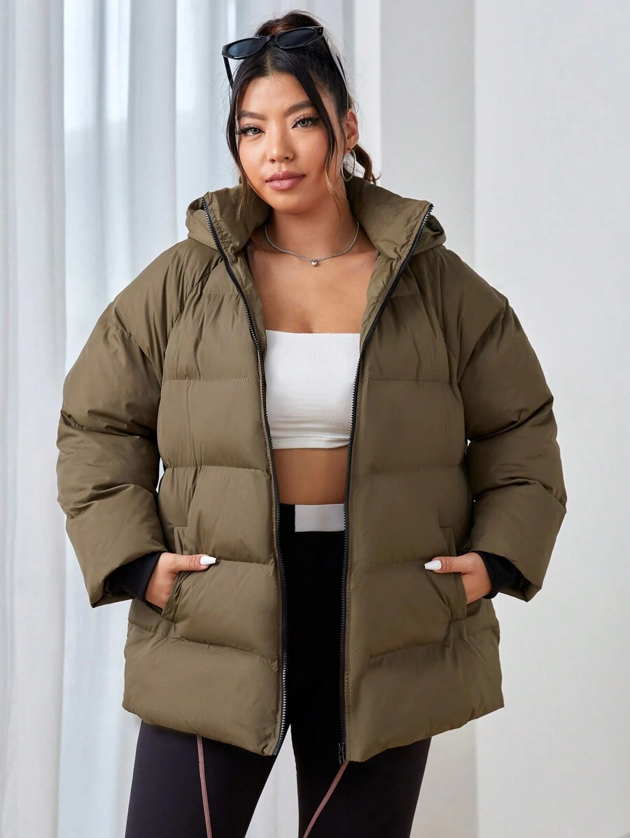 SHEIN EZwear Plus Zip Up Hooded Padded Coat - Army Green - View 1