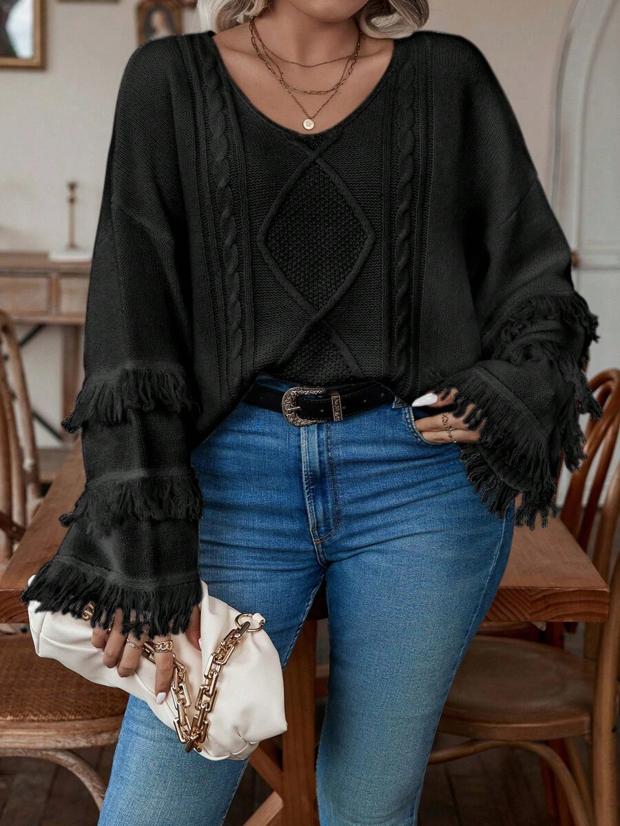 EMERY ROSE 加流苏饰边落肩粗针织毛衣，适合冬季