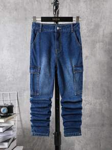 SHEIN Tween Boy Flap Pocket Side Cargo Jeans - Medium Wash - View 1