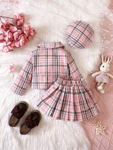 女嬰格紋印花翻蓋細節夾克&百褶半身裙&帽 - 藕粉色 - 查看 2