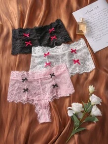 3入組花卉蕾絲蝴蝶結裝飾內褲 - 彩色 - 查看 1