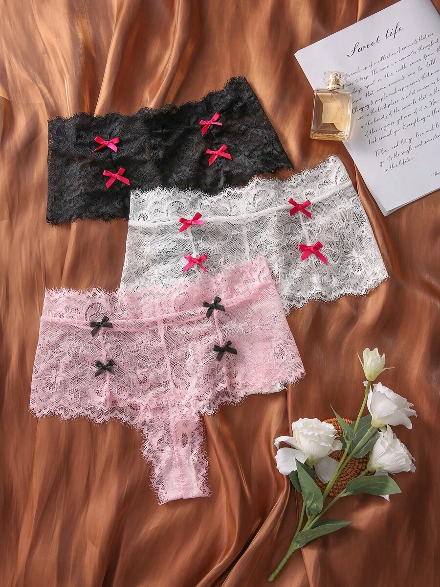 3入組花卉蕾絲蝴蝶結裝飾內褲 - 彩色 - 查看 1