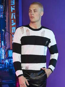 FeverCity Nam Hai âm Rách Thả vai Áo len - Đen và trắng - Xem 1