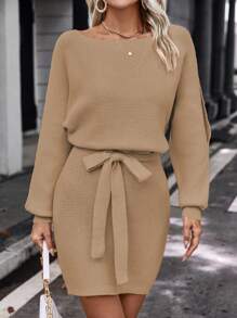 SHEIN LUNE 船領蝙蝠袖腰帶毛衣洋裝