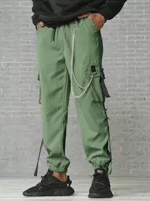Manfinity Roghcode Men Buckle Tape Flap Pocket Side Drawstring Waist Cargo Pants - Army Green - View 3