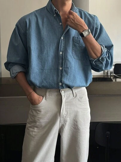 DAZY Áo sơ mi denim túi vá cho nam, quần áo mùa thu
