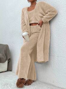 SHEIN Essnce 落肩袖開門襟法蘭絨外套和背心上衣和褲子 - 杏色 - 查看 3