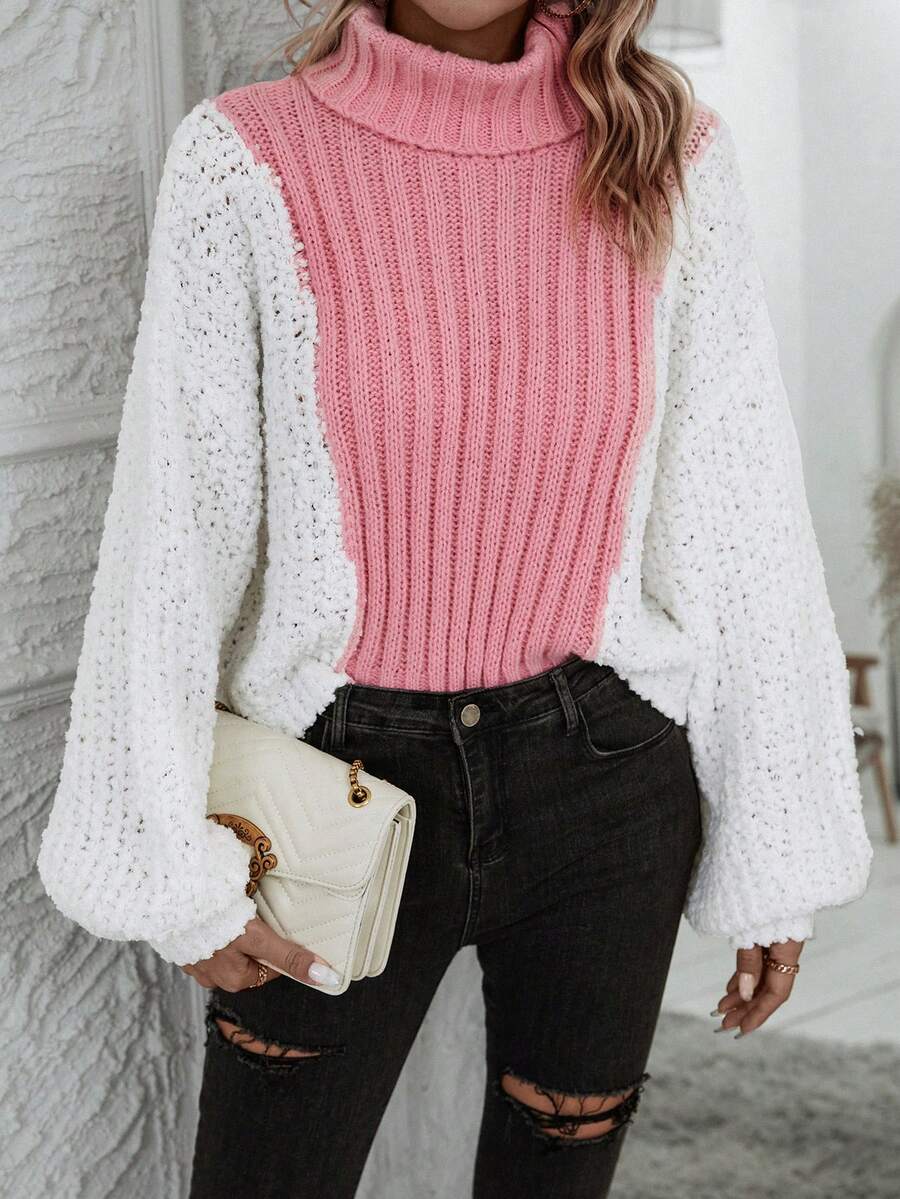 SHEIN Essnce 雙色高領燈籠袖套頭毛衣 - 彩色 - 查看 1