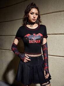 Batman X ROMWE Letter & Cartoon Graphic Contrast Stitch Crop Tee With Arm Sleeve - Multicolor - View 1