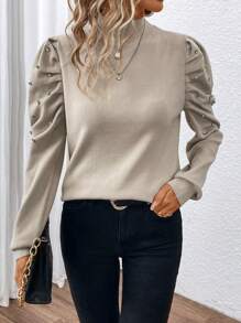 SHEIN Clasi Rhinestone Detail Puff Sleeve Mock Neck Sweater Knit Pullover Fall Winter Outfit - Apricot - View 5